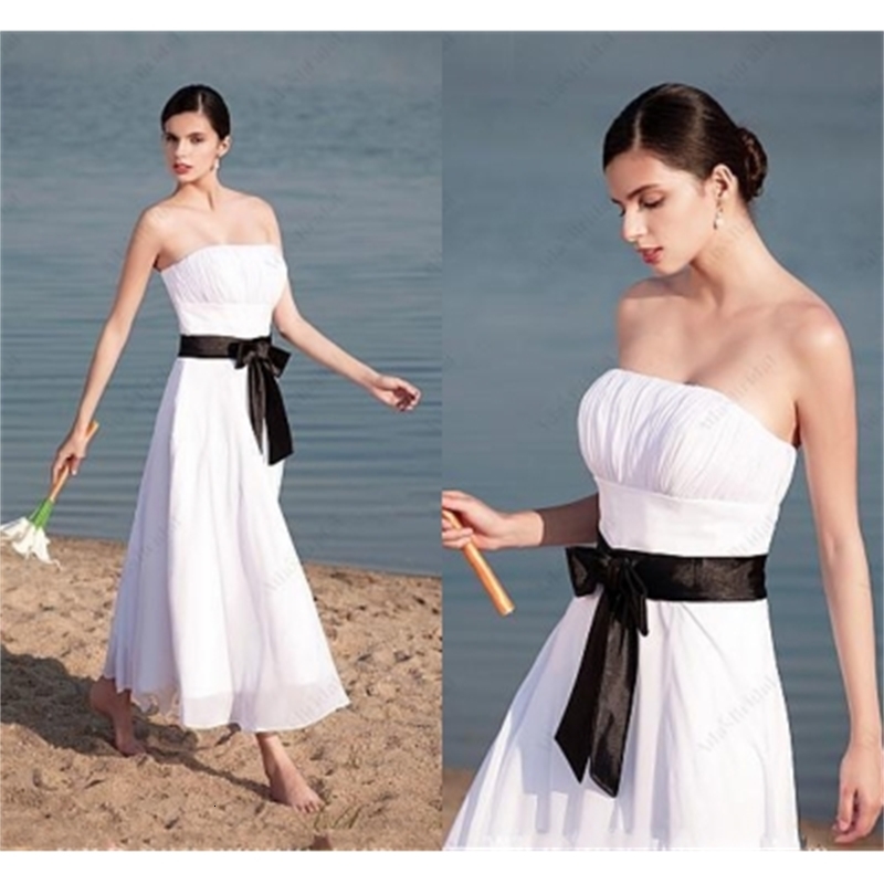 

2021 New Chic Chiffon Strapless Tea-length A-line Es Pleated Bodice with Black Belt Cheap Beach Wedding Bridal K6mo, Red