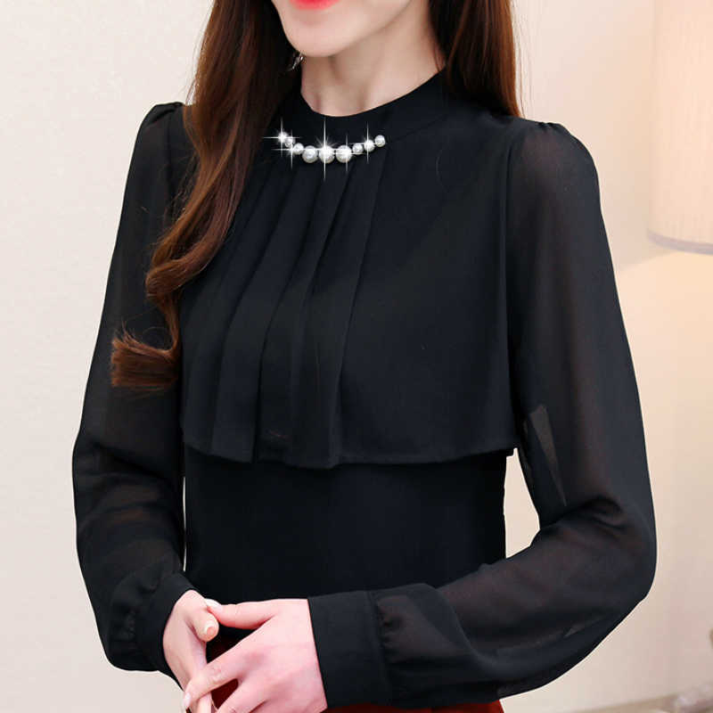 

Fashion Woman Blouses Beading Ruffles Black Chiffon Blouse Shirt Women Tops Long Sleeve Blouse Women Blusa Feminina C562 210602