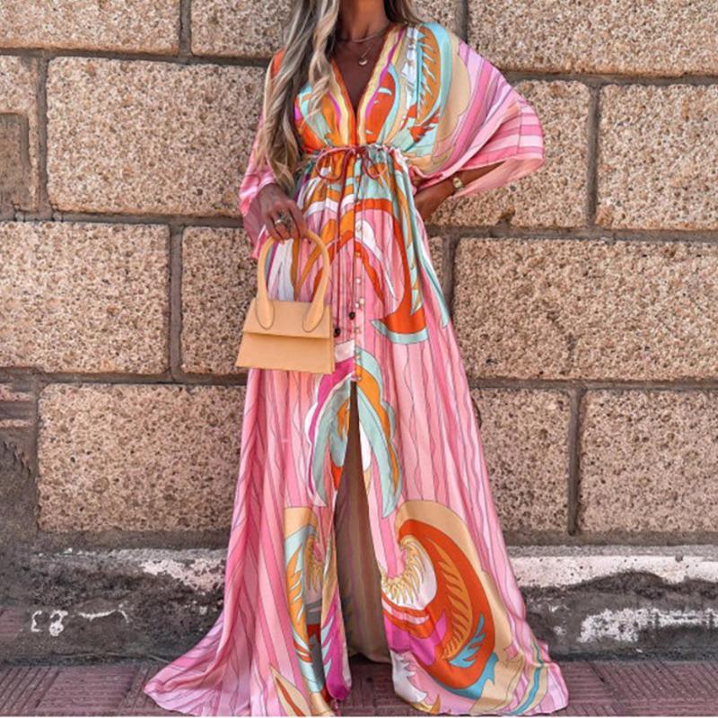 

Party Dresses 2021 Vintage Chiffon Loose Long Dress Women Elegant Batwing Sleeve V Neck Print Tunic Robe Summer Holiday Beach, Pink