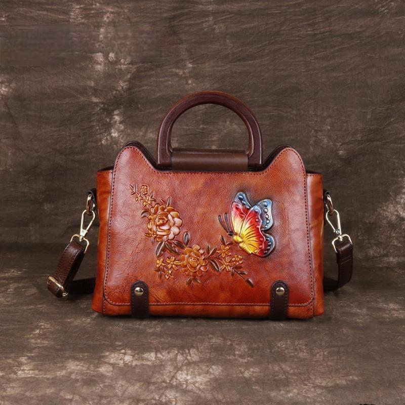 

Shoulder Bags Form Genuine Leather Luxury Handbags Women 2021 Handmade Embossing Butterfly Vintage & Crossbody, Brown