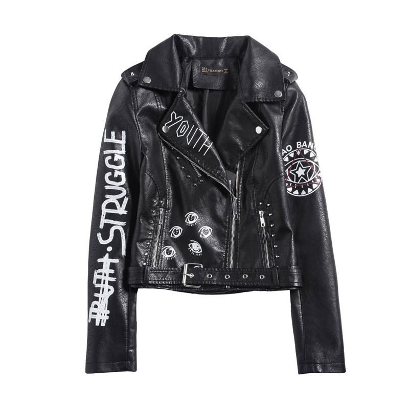 

Women' Leather & Faux 2021 Spring Autumn Soft Jackets Women Coats Lady Black PU Rivet Zipper Epaulet Print Motorcycle Streetwear B211