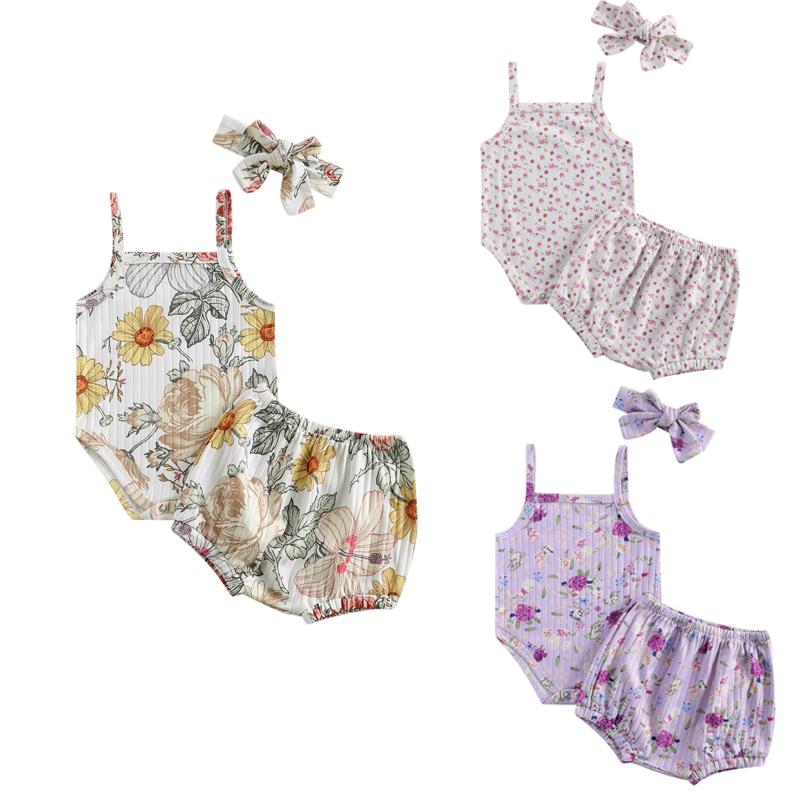 

CitgeeSummer Newborn Baby Girls 3-piece Outfit Set Sleeveless Floral Print Romper+Shorts+Headband Casual Set Clothes