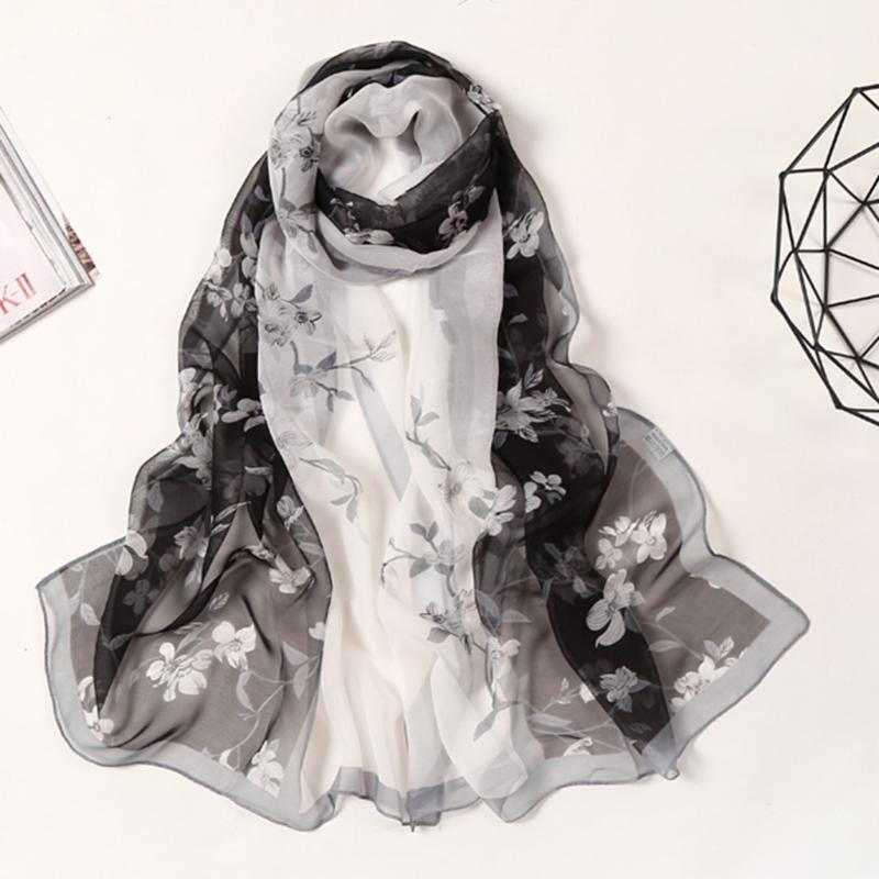 

Scarves For Women Peach Blossom Printing Long Soft Wrap Scarf Fashion Lady Shawl Chiffon Silk Ladies Foulard#25, Blue;gray