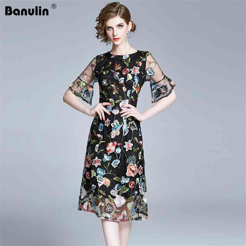 

Banulin Fashion Designer Runway Dress Summer Women's O-Neck Short Sleeve Gorgeous Black Mesh Floral Embroidery 210603