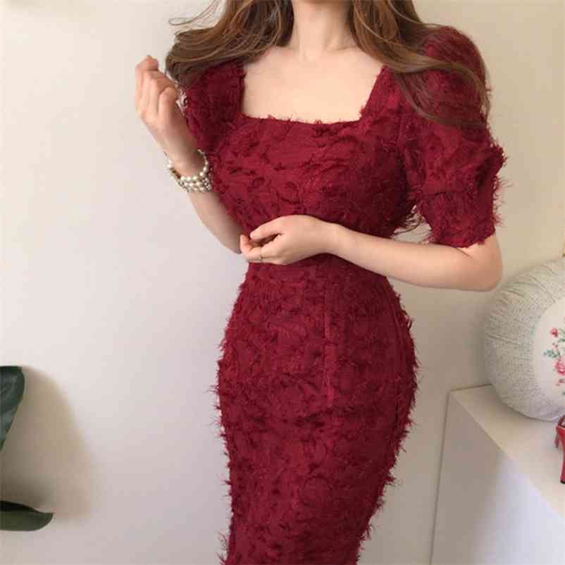 

Temperament Square collar Feather Tassel Bodycon Mid Dress for Women Puff Sleeve Slim High waist Mermaid Vestidos 210525, Black