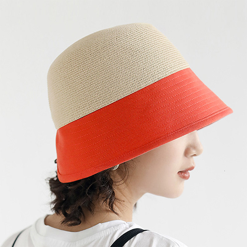 

2021 New Fashion Womens Summer Outdoor Bowler Cotton Patchwork Straw Top Wide Brim Bucket Ladies Sun Derby Hat Foldable Czdg, Red