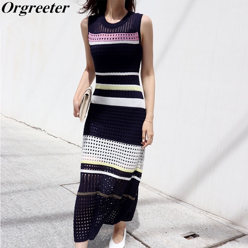 

Spring Summer Fashion Graceful OL Knitting Hollow out Dress Women Sleeveless Striped Pathcwork Sweater Mermaid Dresses 210525, Khaki