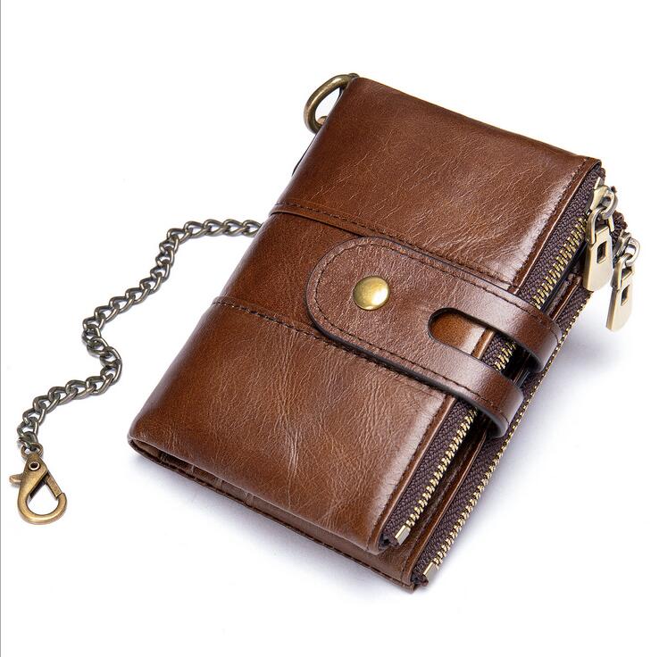 

Wholesale retro double zipper tower buckle cowhide leather wallets men's chain wallet leathers coin purse 4721, Black