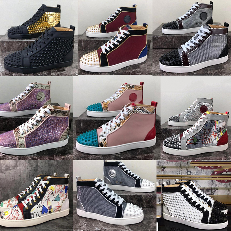 

2021 Men Women Casual Shoes Designer Red Bottom Studded Spikes Fashion Insider Sneakers Black White Leather High Boots size35-48 fashion popular, Colour 12
