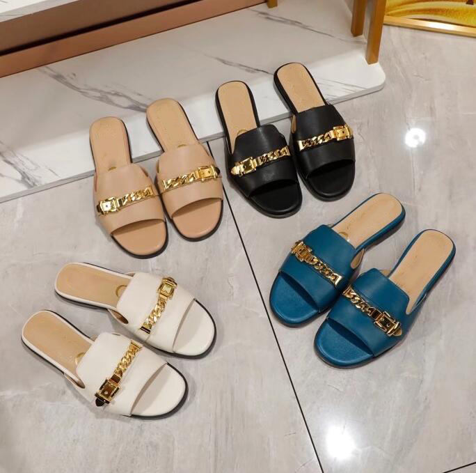 

New Metal Chain women designer slipplers fashion plus size 43 women slippers casual female beach slippers, Black