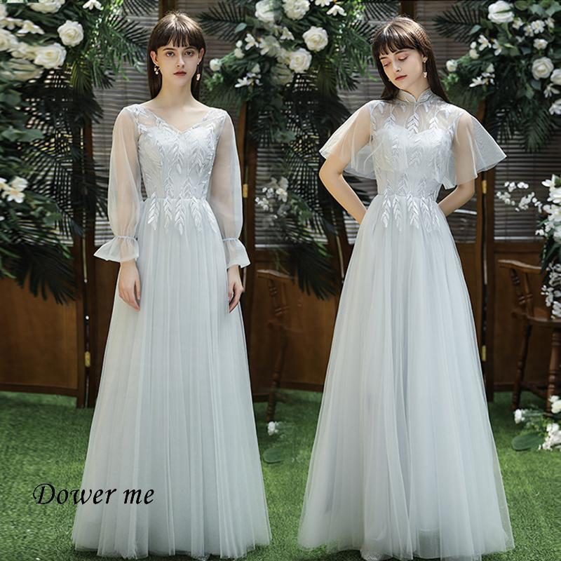 

Bridesmaid Dress Embroidery Wedding Party Dresses GR530 Gray A-Line V-Neck Half Sleeve Formal Vestidos Maid Of Honor Gowns 2021