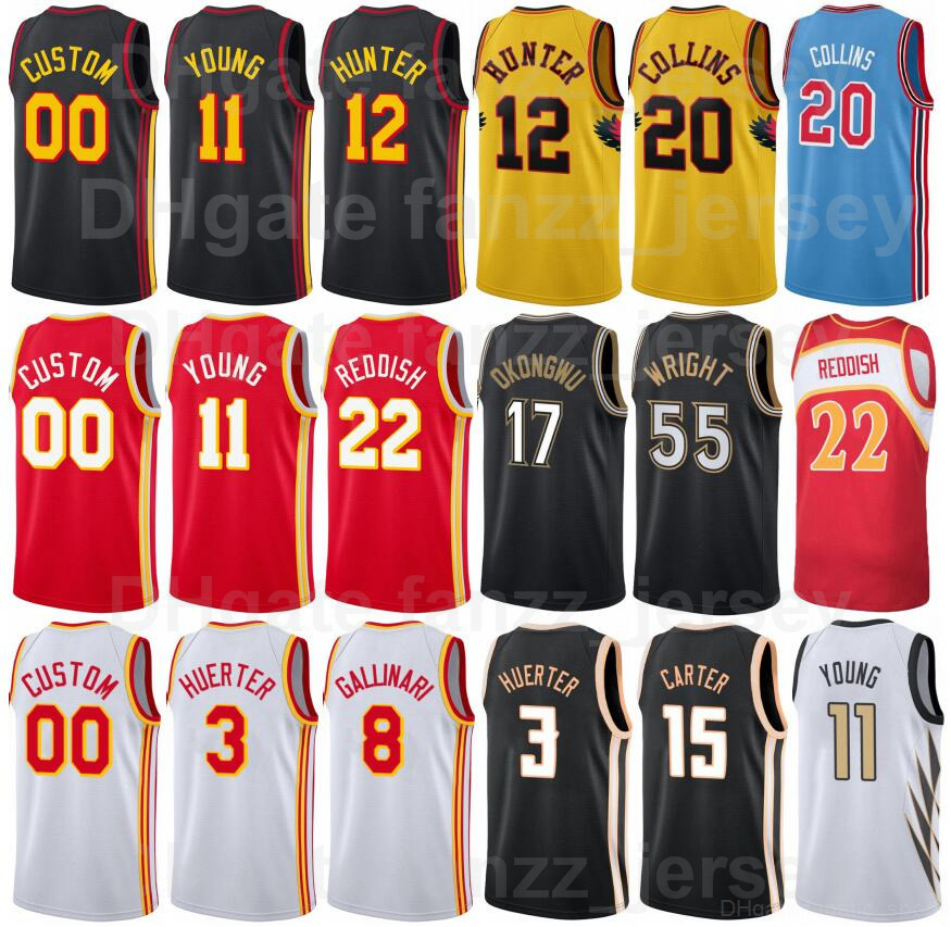 

Screen Printed Basketball Trae Young Jersey 11 DeAndre Hunter 12 John Collins 20 Danilo Gallinari 8 Kevin Huerter 3 Cam Reddish 22 Navy Blue Yellow Red Man Woman Youth, White