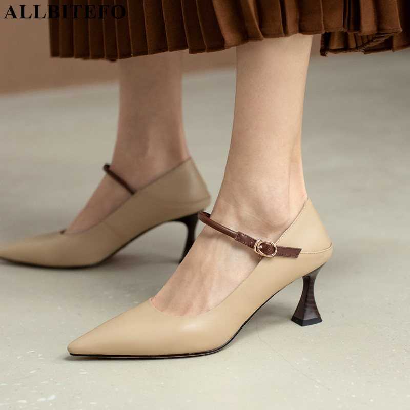 

ALLBITEFO Solid color comfortable fashion soft genuine leather high heels leisure women high heel shoes women heels basic shoes 210611, As picture