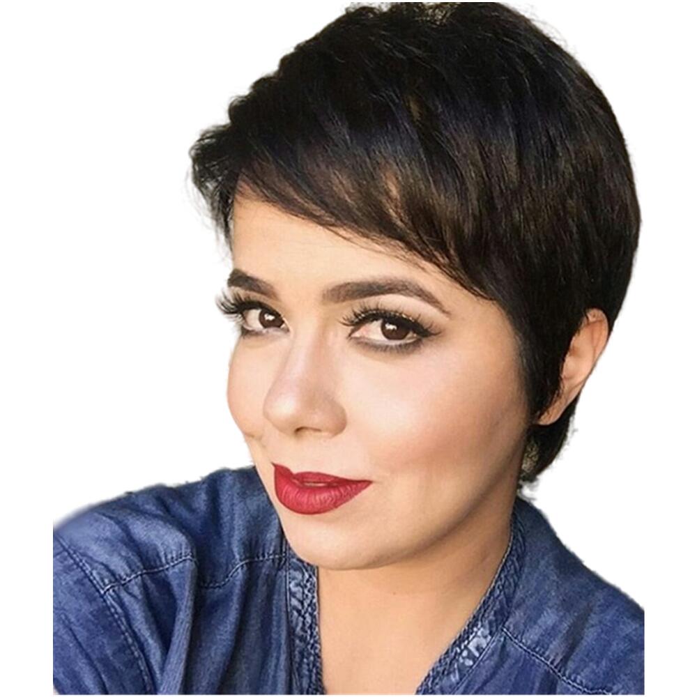 

Short Wig With Bangs Human Hair wigs For Black Women Layered Straight pixie cut None lace front Wig, Natural color
