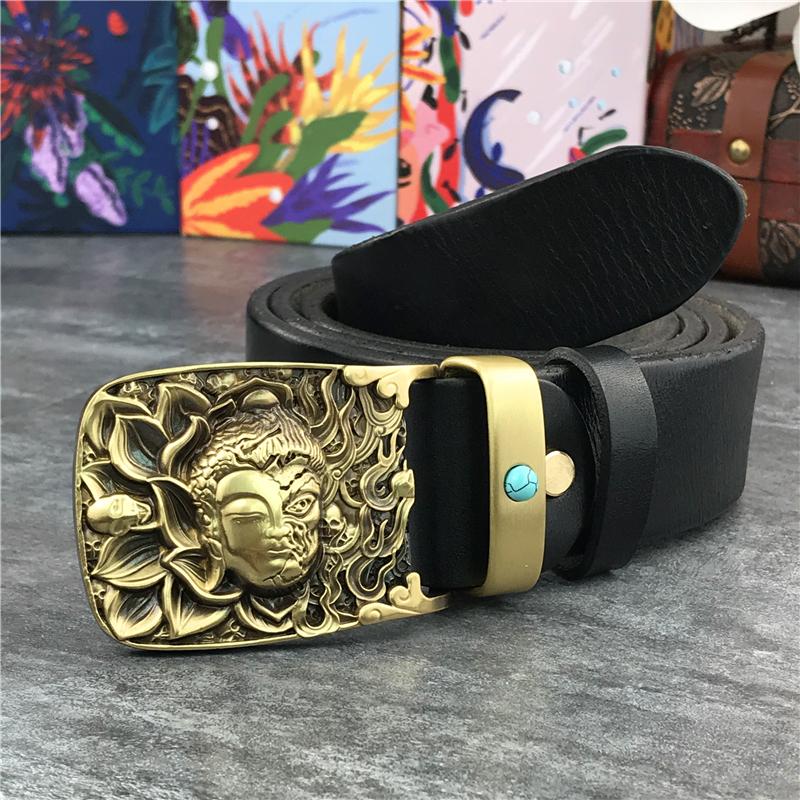 

Belts Buddha Brass Belt Buckle Leather Men Ceinture Jeans Cowboy Man Genuine Riem Male Cinturon Waist MBT0073, Black