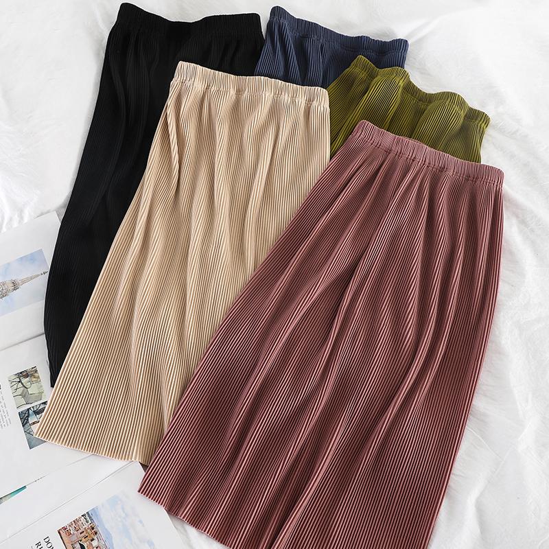 

Skirts Women Solid Elegant Pleated Females Casual A-Line Knee-Length Autumn Winter Ladies Korean Elastic Waist, Black