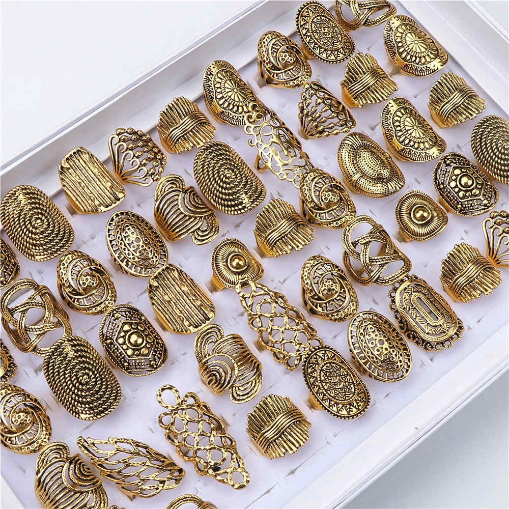 

Wholesale Vintage Carved Flower Silver Gold Plated Jewelry Metal Rings For Women Size 17mm to 20mm Mix Style