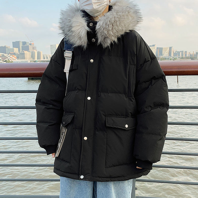 

2021 New Thick Short Men's Warm Fashion Casual Fur Collar Hooded Coat Parka Wild Loose Winter Jacket Men Clothes -xl 26sl, White