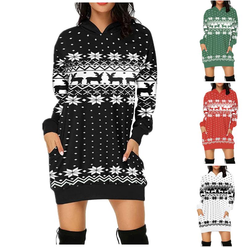 

Casual Dresses Women Christmas Hood Dress Fashion Autumn Winter Long Sleeve Printing Ladies Mini 2021 Tops, Black;gray