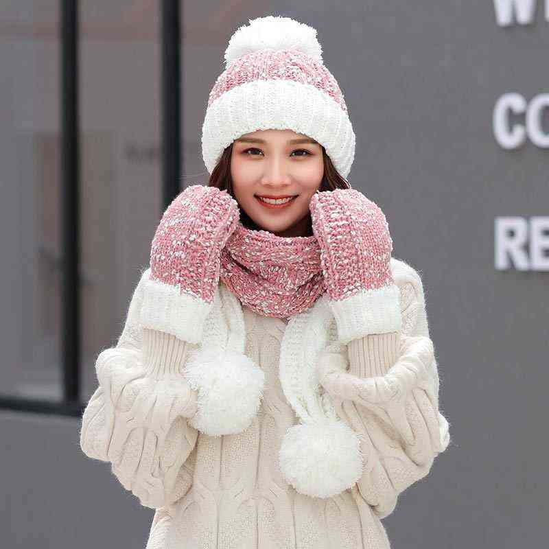 

Fashion Korean Women Winter Hat Scarf Gloves 3pcs Set Grey White Pink Red Black Thickened Wool Hats Scarves for Students Gift