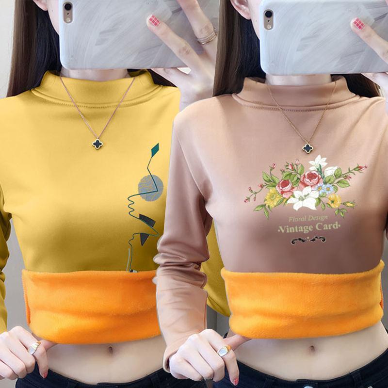 

Winter Plus Velvet Thick Warm T-shirt For Women Fashion Korean Style Half Turtleneck Trend Print Female Oversize Slim Cotton Top, White