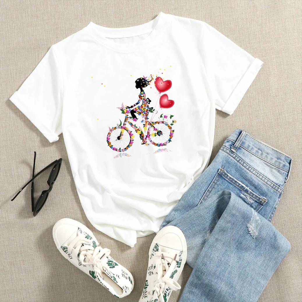 

beautiful creative y2k fashion exquisite women t shirt bring two love balloons pink girl bicycle printed hipster, White
