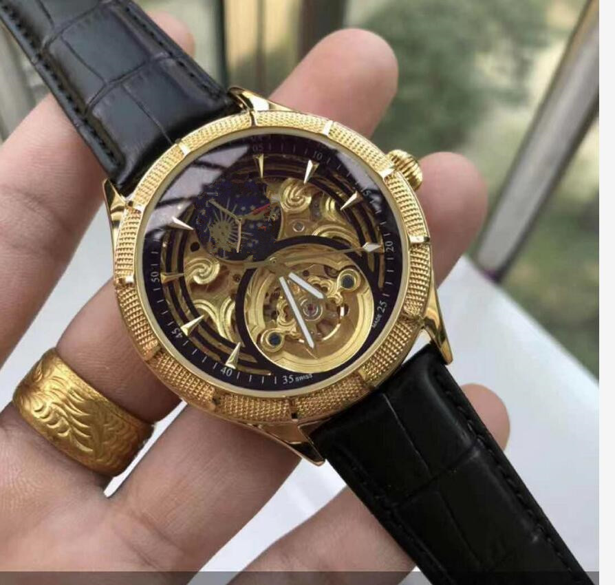 

Hot sell luxury men automatic movement mechanical watch, stainsteel stain bracelet, gold flywheel topest watches, Slivery;brown