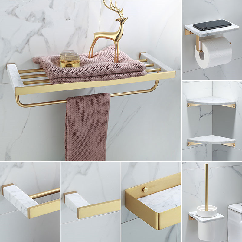 

2021 New Accessories Set Brushed Gold Bathroom Shelf,towel Rack,towel Hanger Paper Holder,toilet Brush Holder Marble and Brass Xo6y