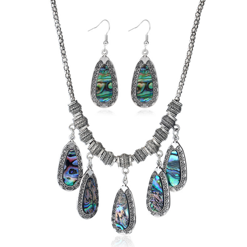 

Earrings & Necklace Silver Plated Abalone Shell Water Drop Pendant Link Chain Dangle Fashion Jewelry Sets