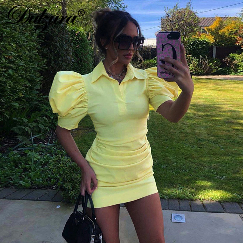 

2021 summer women short puff sleeve ruched mini dress turn down collar elegant party club streetwear clothes solid, Black;gray