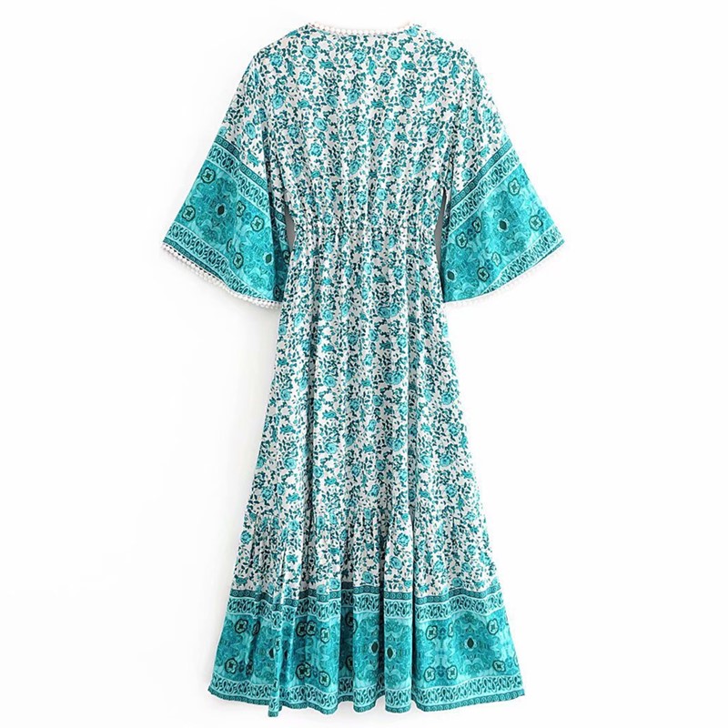 

2021 BOHO Spliced Ball Tassel floral Print Flare Sleeve Dress V neck Holiday Women Adjust Waist Drawstring Long Dresses Vestidos, Red