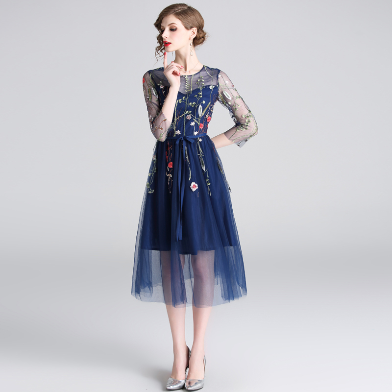 

Womens Autumn Designer Elegant Sexy Patchwork Floral Embroidery Mesh Vintage Wedding Cocktail Office Party Dress Vestidos 210525, Blue