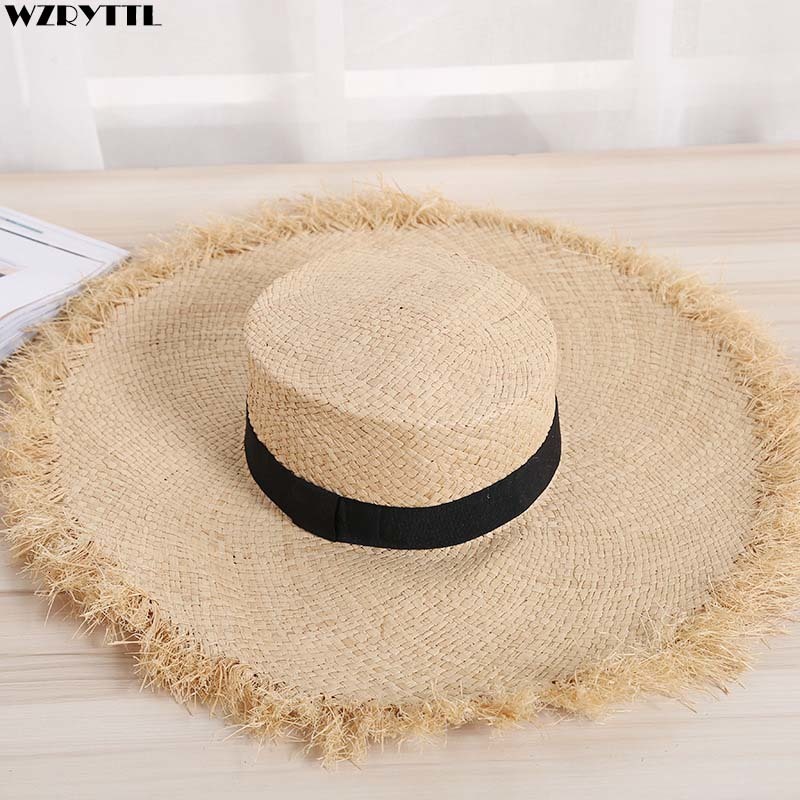 

2021 New Unisex Raffia Fringed Straw Large Wide Brim Sun for Women Man Band Beach Cap Summer Uv Kentucky Derby Visor Hat Y19q, Natural