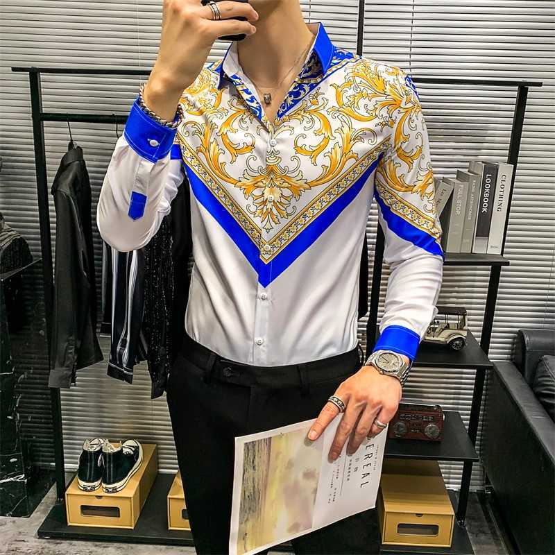 

Luxury Gold Print Men Shirt Retro Long Sleeve Shirts Casual Slim Fit Tops Party NightClub Tuxedo Shirts Streetwear Chemise Homme 210527, Red