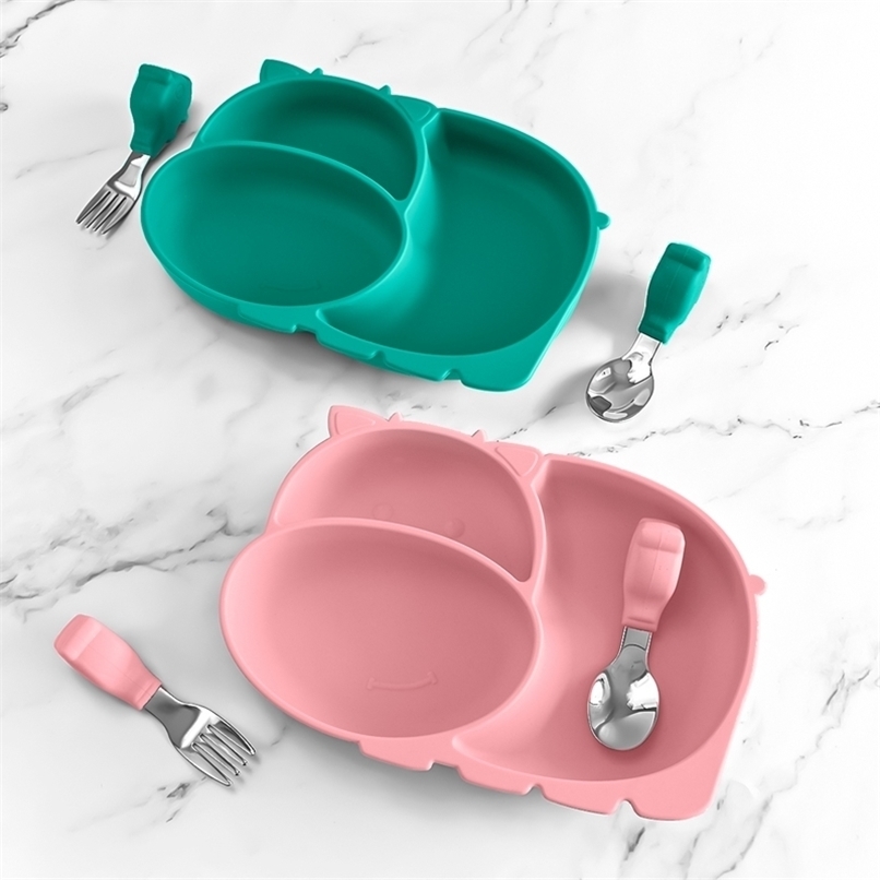 Cow Silicone Baby Feeding Silicone Plate Kids Food Bowl For Breakfast Nursning Feeding Tableware Set Dishes With Spoon Fork Set 211027-image-735565438