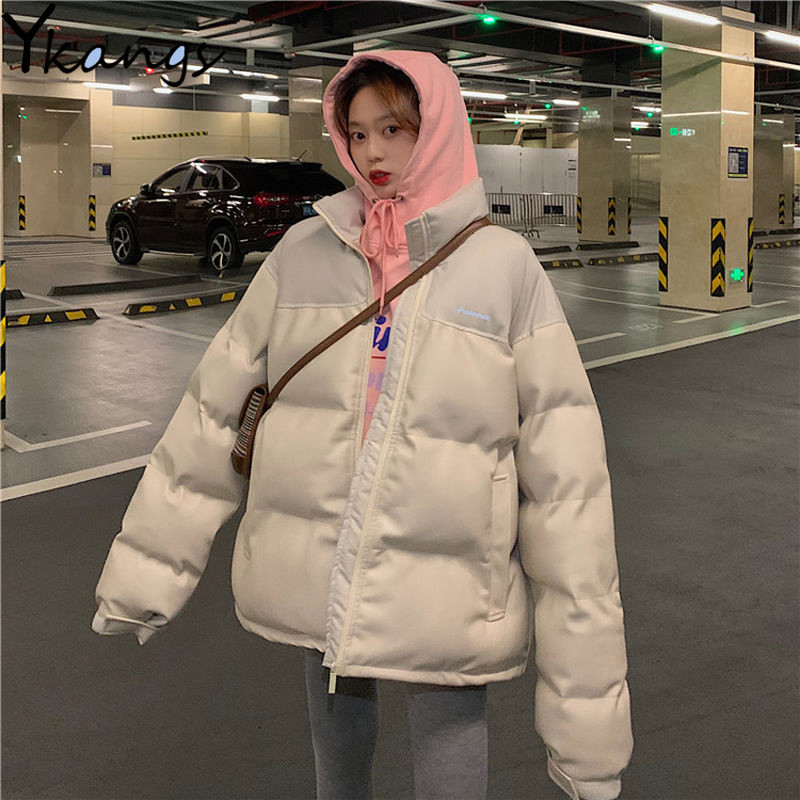 

2021 Solid Pu Leather Parkas Women White Fashion Coats Female Loose Casual Thick Warm Cotton Jackets Korean Style Ladies Student Uohz, Black
