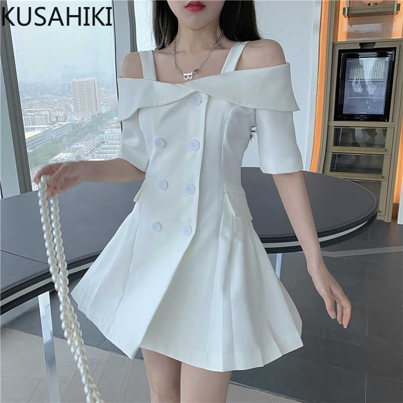 

KUSAHIKI Elegant Double Breasted Women Dress Sexy Strapless Short Sleeve Vestidos Femme Slim High Waist A-line Dresses 6H171 210602, White