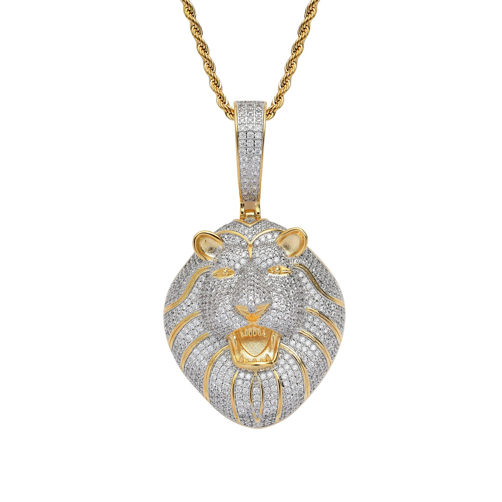 

Hip hop Iced Out Bling CZ Lion head Pendant Iced Out Animal Necklace With Rope Chain Fashion Jewelry
