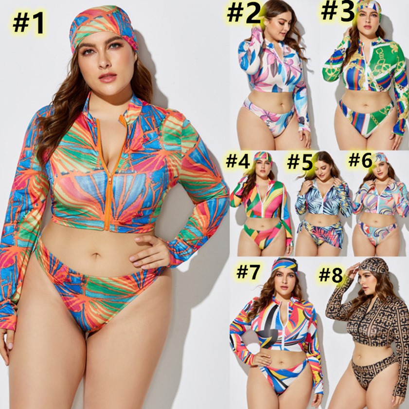 

Plus Size Women Bikinis Suit 3 Pcs Swimsuits Summer Swimwear Headband+Crop Top+Bikini Long Sleeve Clothes 3XL 4XL 5XL Hot Sale Tankinis 4513, Mix color