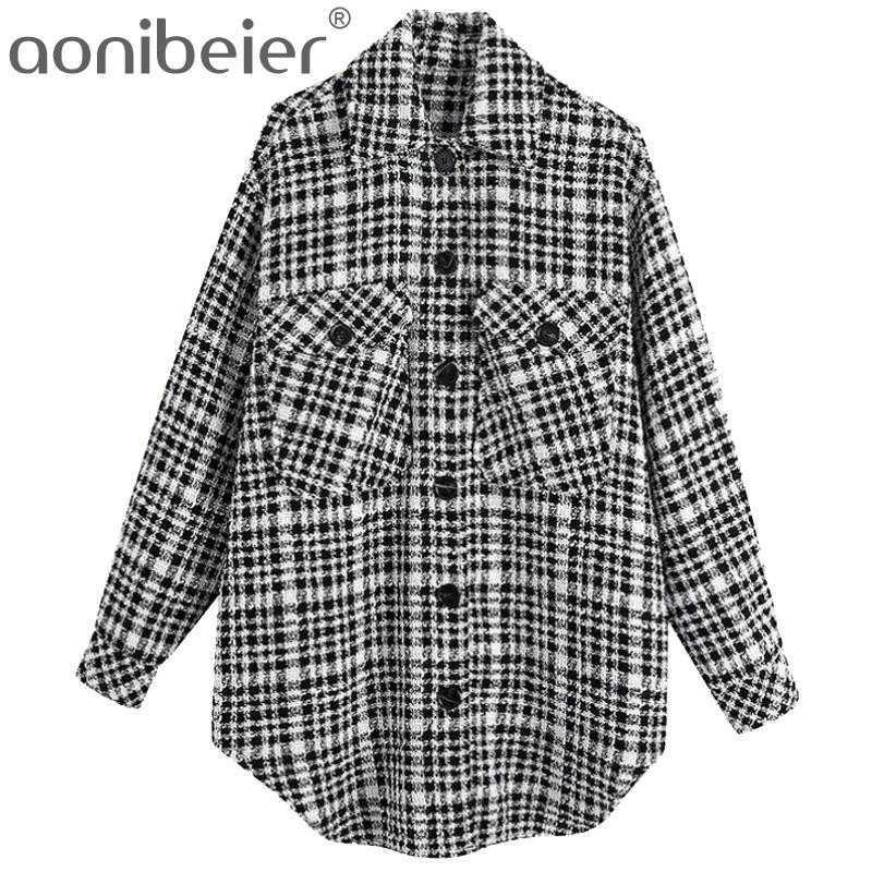 

Women Autumn Turn Down Collar Woolen Coat Plaid Print Elegant Wool Jacket Long Casaco Feminino 210604, Black