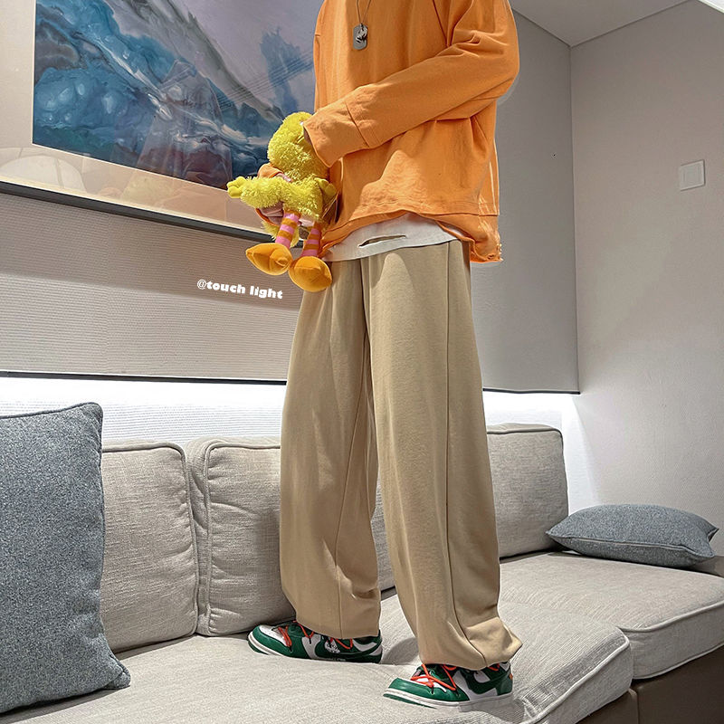 

2021 New Spring Sweatpants Men's Fashion Stretch Waist Casual Men Streetwear Korean Loose Hip-hop Straight Pants Mens Joggers X689, Khaki
