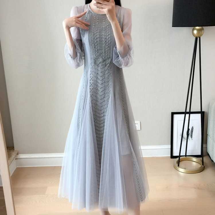 

Spring Fashion Women Office Lady Mesh O-Neck A-line Dress Female Elegant High Waist Casual Midi Long Vestidos 210526, Photo color
