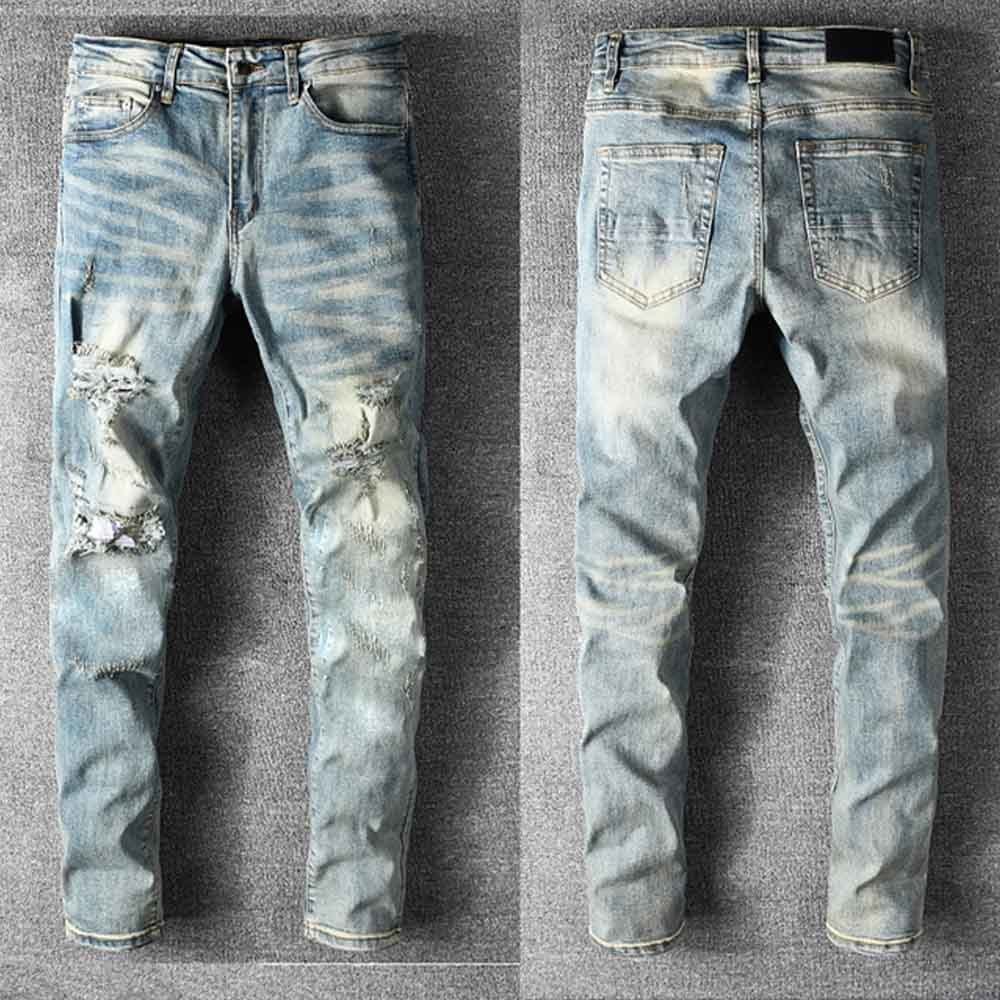 

Mens Jeans Classic Hip Hop Pants Stylist Jeans Distressed Ripped Biker Jean Slim Fit Motorcycle Denim Jeans 9V0Y, Blue