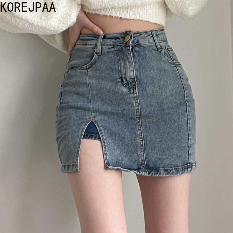 

Korejpaa Women Skirts Summer Korean Chic Female Retro Slim-Fit Split Design Washed Blue High Waist Bag Hip Denim Skirt 210526