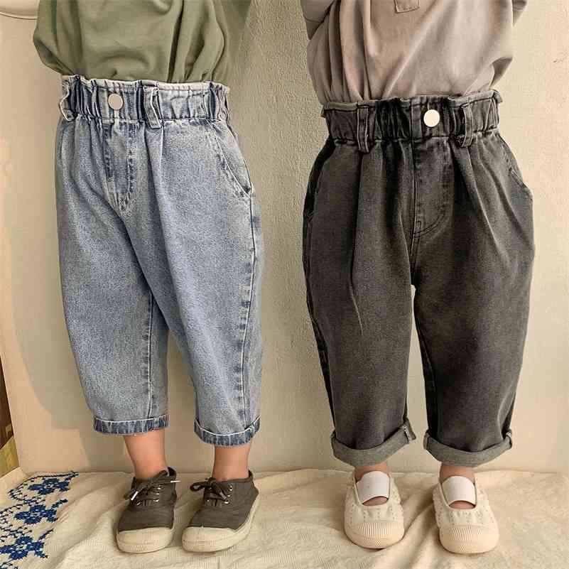 

Kids unisex loose high waist jeans Boys and girls wide leg all-match denim pants 210708, Gray