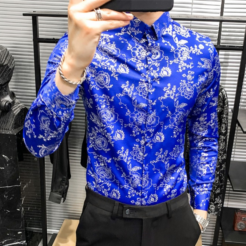 

2021 New Casual Slim Fit Night Club Party Wear Tuxedo Flower Printing British Style Floral Shirts Long Sleeve Men Shirt Gnpr, Black