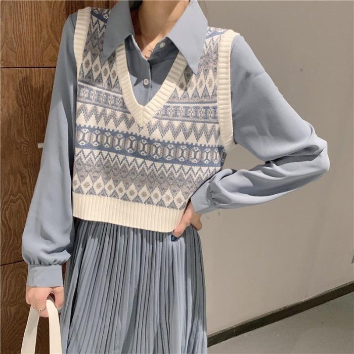 

Women's Vests Women Sweater Vest Winter With High-quality Knitted V-Neck Pullover Short Coat Dress Inside, Blue vest
