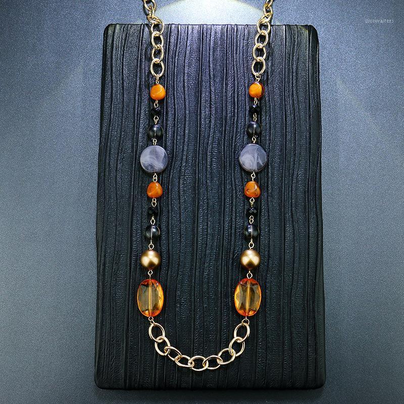 

Chains Boho Natural Stone Sweater Chain Long Necklace For Woman Vintage Geometric Colorful CZ Crystal Beads Link Jewelry