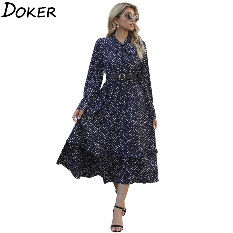 

Women Polka Dot Chiffon Midi Dress Spring Autumn Vintage Bow Tie Long Sleeve Casual Ruffle Ladies Elegant es Vestidos 210604, Navy blue
