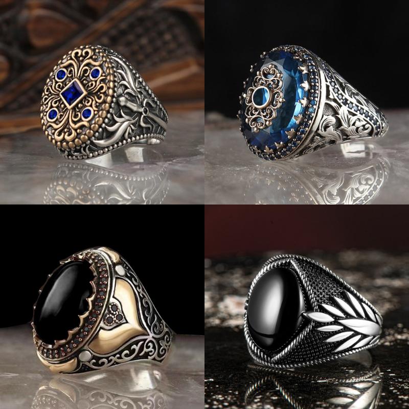 

Wedding Rings Vintage Handmade Turkish Signet Ring For Men Women Ancient Silver Color Black Zircon Retro Islamic Religious Muslim Jewelry, Slivery;golden